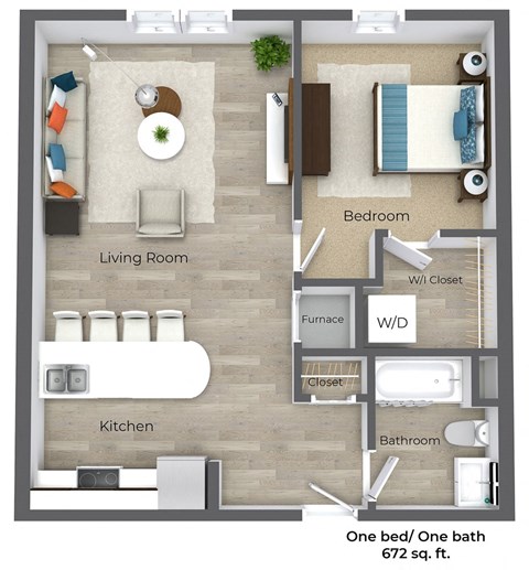 Floor plan for 1 bed, 1 bath, 672 sqft